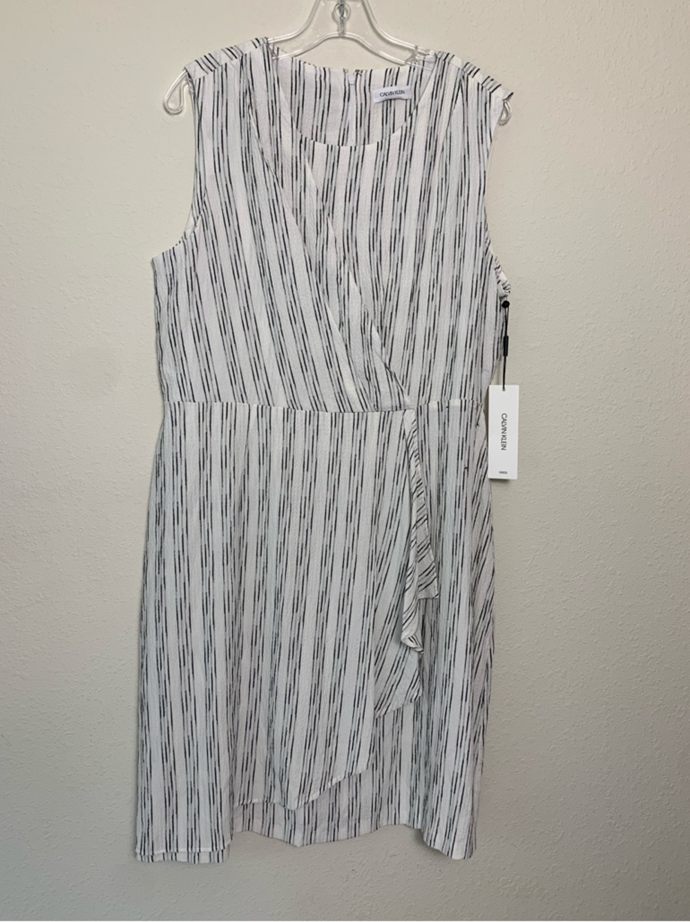 Calvin Klein Womens Faux Wrap Ruffle Stripe Dress White Black 14 CD1E3V22